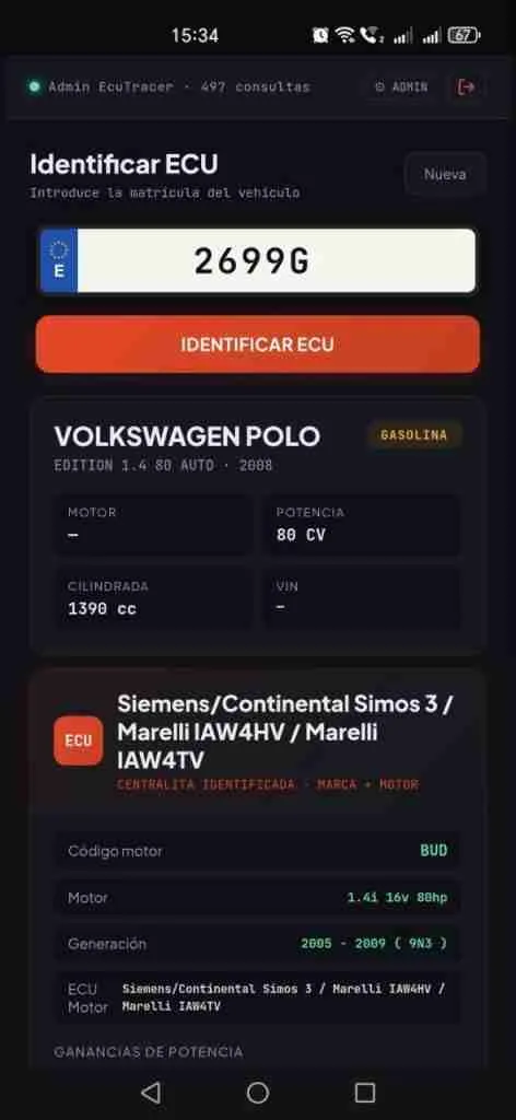 ECU Identifier Pro - search results by registration