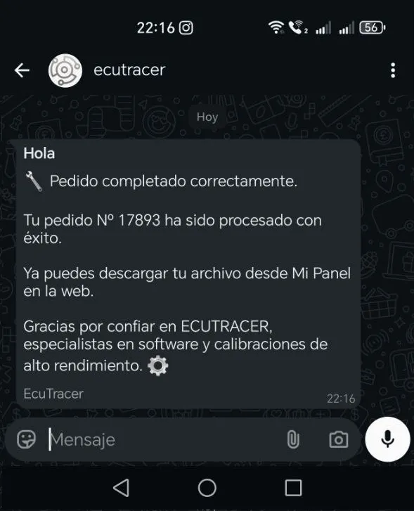 Notificación de archivo listo por WhatsApp en EcuTracer