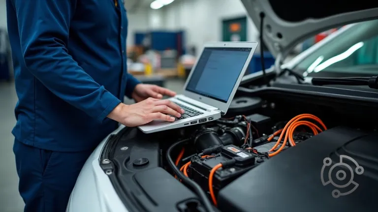 Técnico de taller conectando equipo de diagnóstico para reprogramar híbridos 48V en el motor de un coche