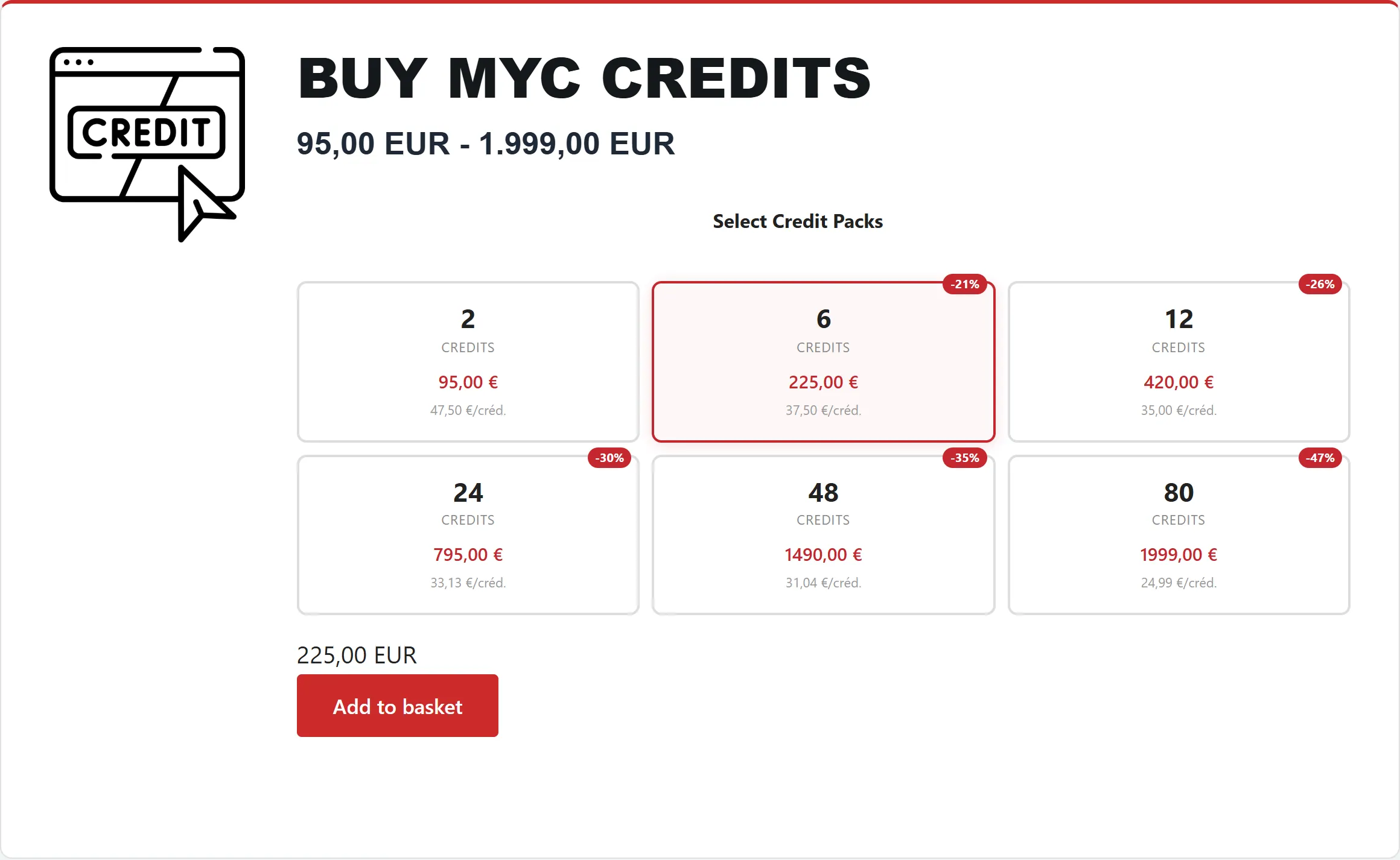 Price details per credit at EcuTracer