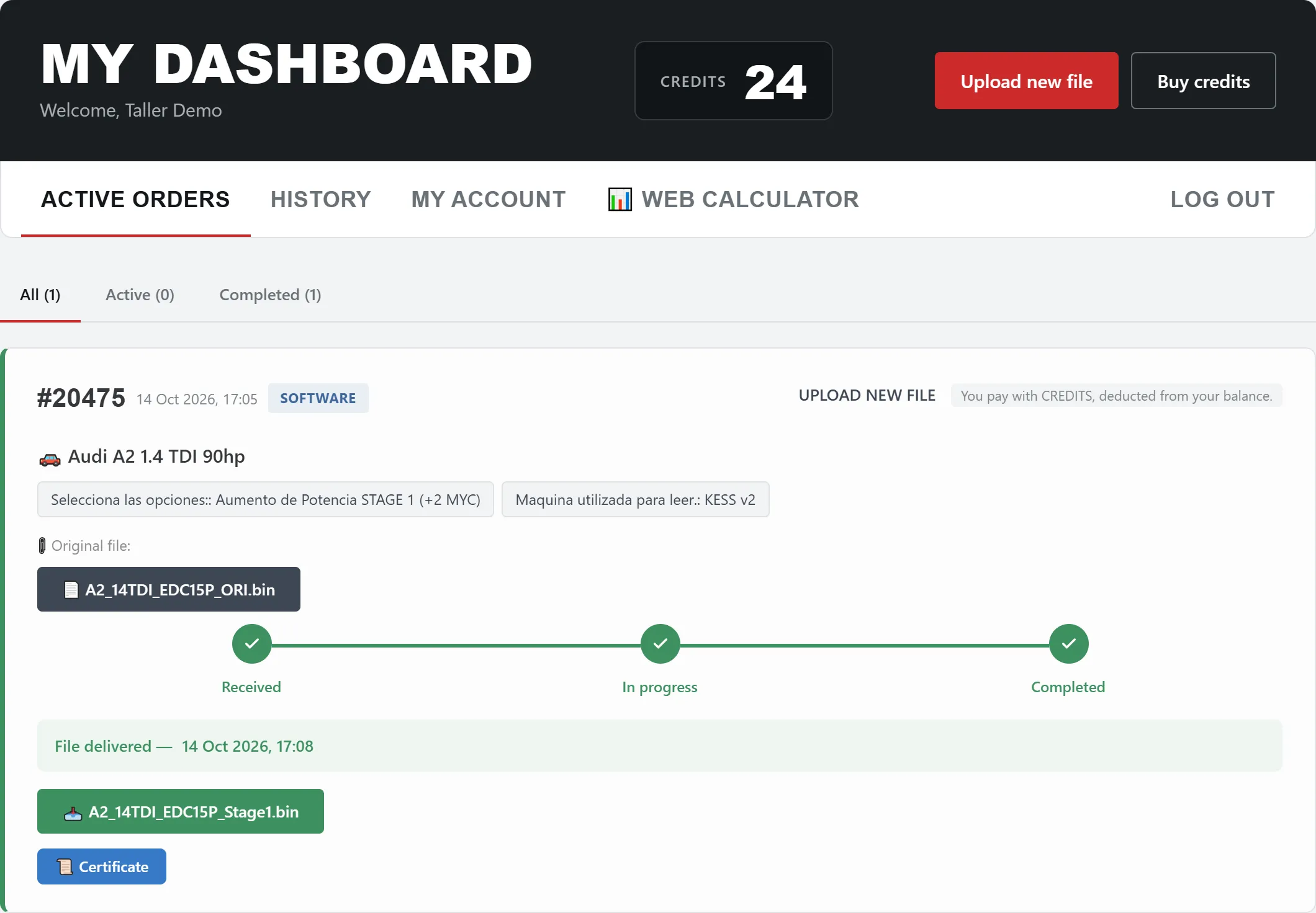 EcuTracer dashboard with a file request completed in 3 minutes for an Audi A2 1.4 TDI