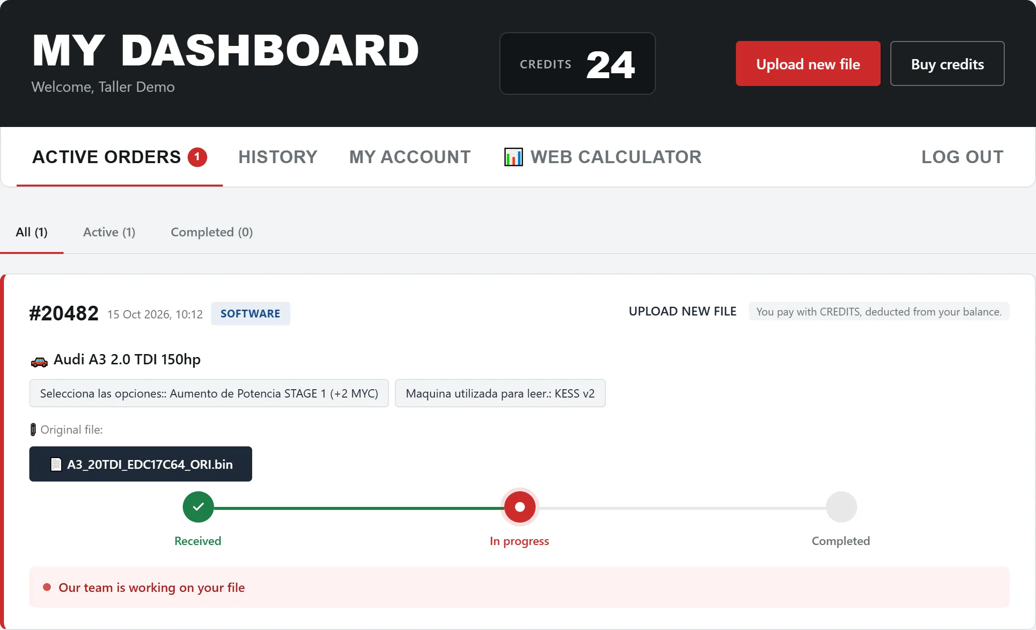 User panel with order history in EcuTracer