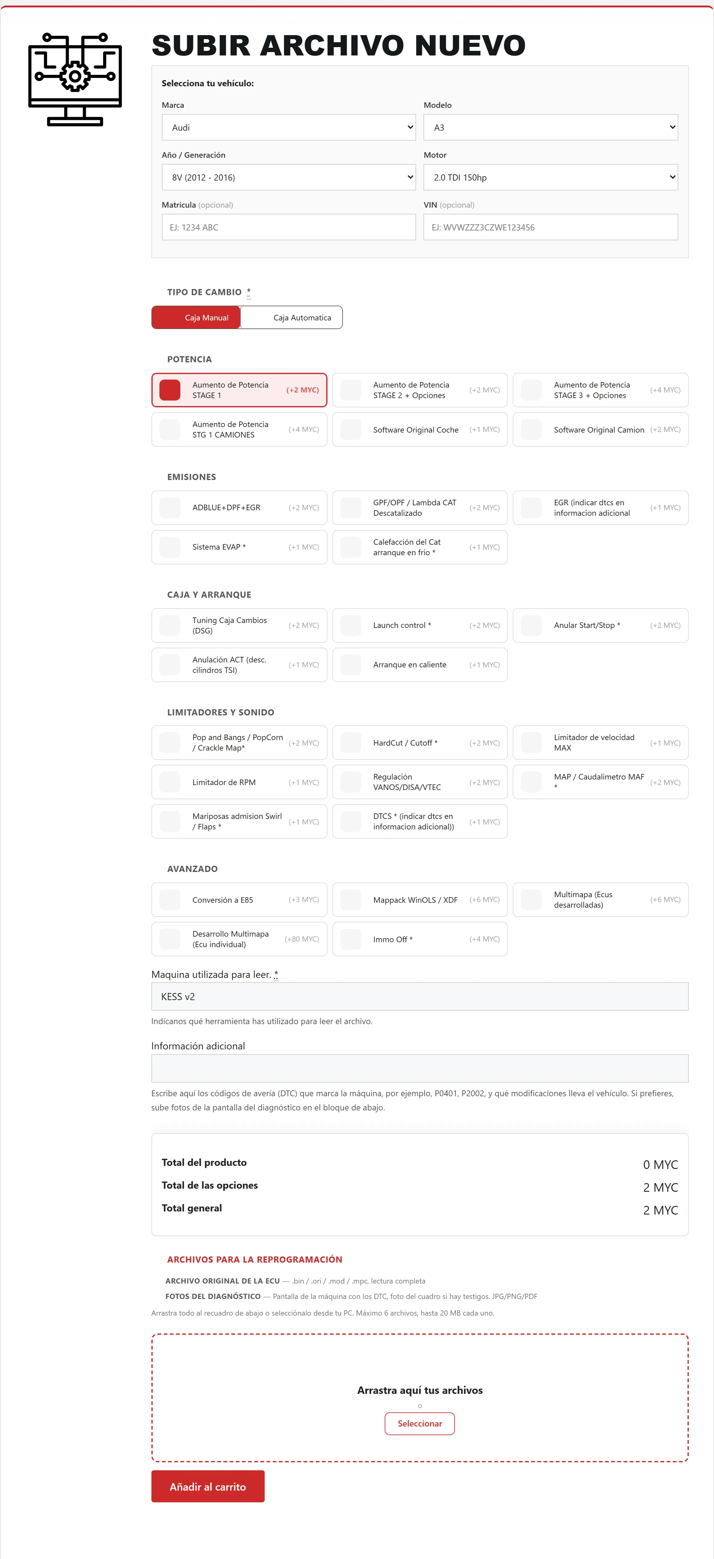 Formulario de pedido de archivos de reprogramación ECU en EcuTracer