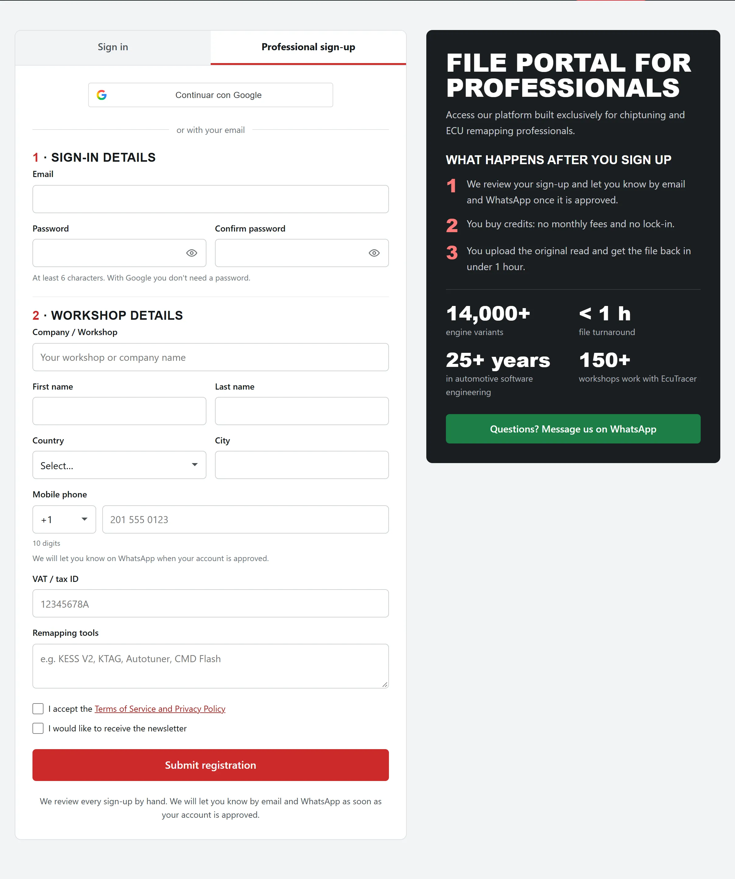 Registration form for professionals at EcuTracer