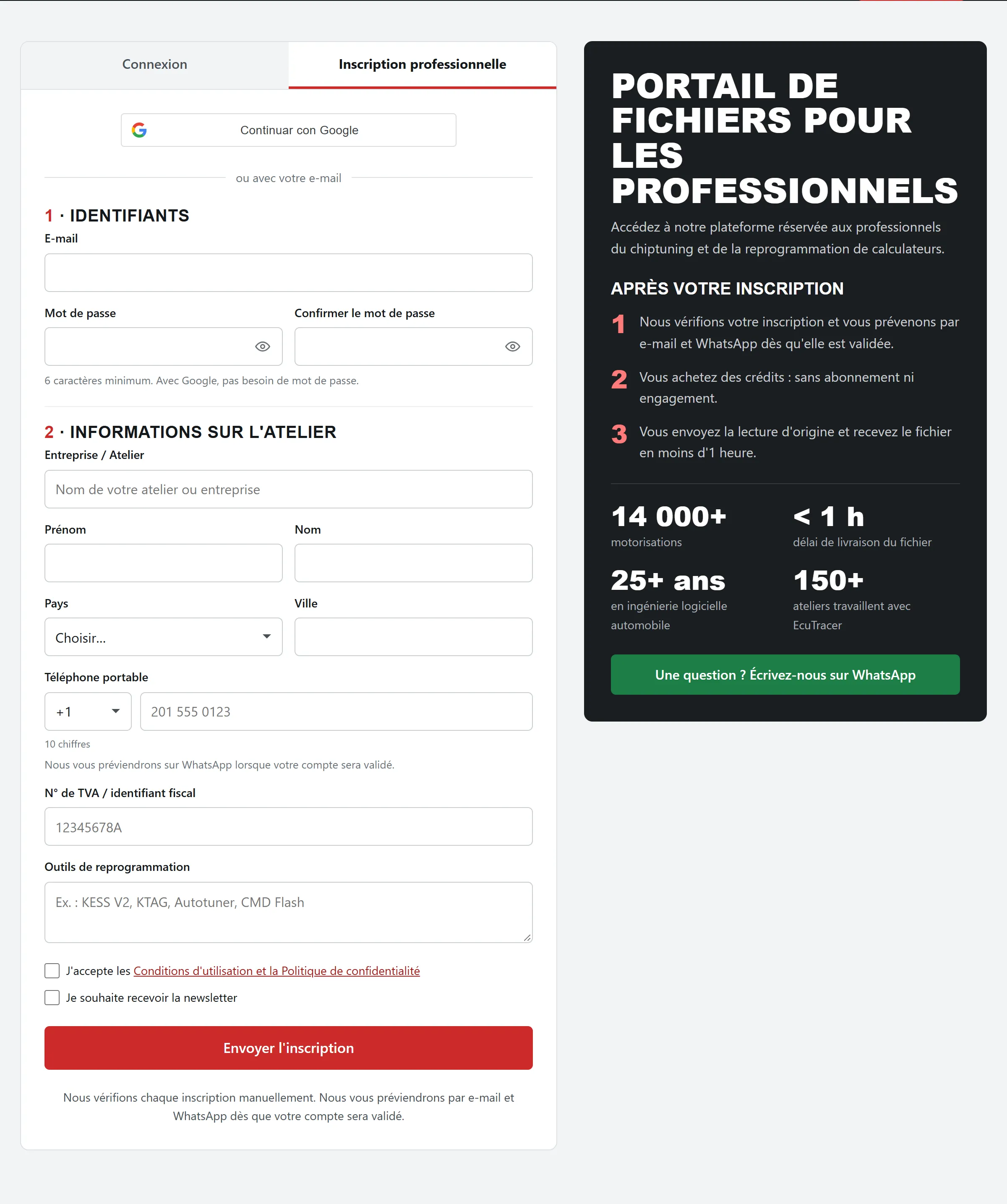 Formulaire d'inscription pour les professionnels chez EcuTracer
